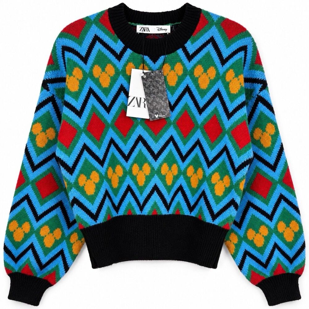 ZARA Disney Mickey Mouse Sweater Medium Multicolor Jacquard Knit Cropped NWT